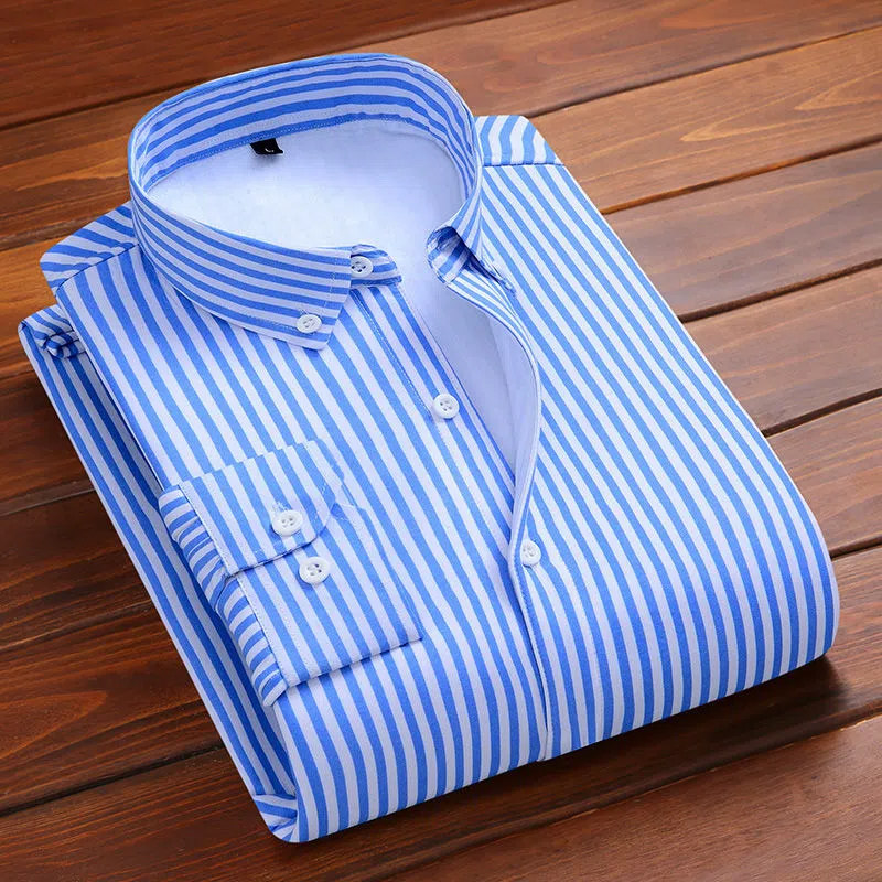 2025冬季加绒加厚条纹男士保暖长袖衬衫男休闲韩版潮一体绒衬衣服