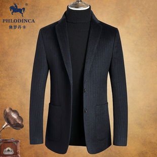 PHLODINCA 外套男秋冬休闲羊毛桑蚕丝西服 高级感条纹羊绒毛呢西装