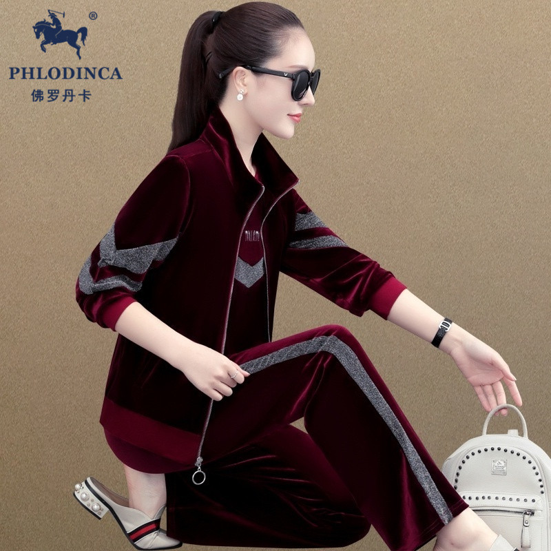 PHLODINCA 秋冬时尚洋气品牌金丝绒套装女高端女人味运动三件套
