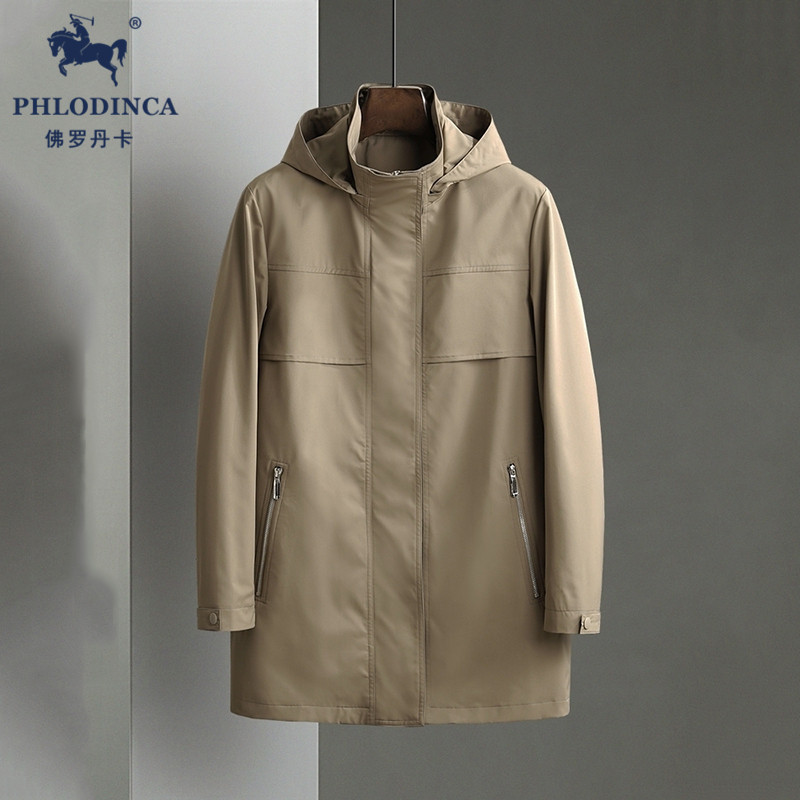 PHLODINCA 春秋商务休闲风衣男中长款潮牌痞帅薄款可脱卸帽大衣