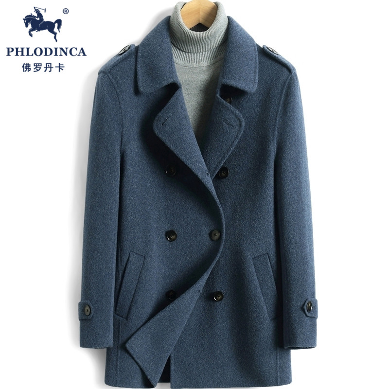 PHLODINCA 羊毛呢外套男中短款冬季加厚羊绒宽松双排扣呢子大衣潮