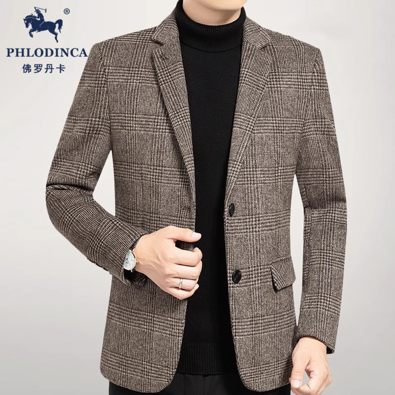 PHLODINCA 秋冬覆古格子西装外套男中年爸爸加厚羊毛呢子休闲西服