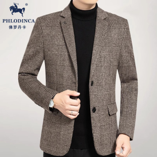 PHLODINCA 外套男中年爸爸加厚羊毛呢子休闲西服 秋冬覆古格子西装