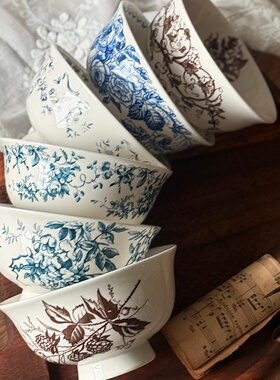 中古陶瓷米饭碗高脚防烫复古家用餐具碗4.8寸吃饭碗小骨瓷喝汤碗