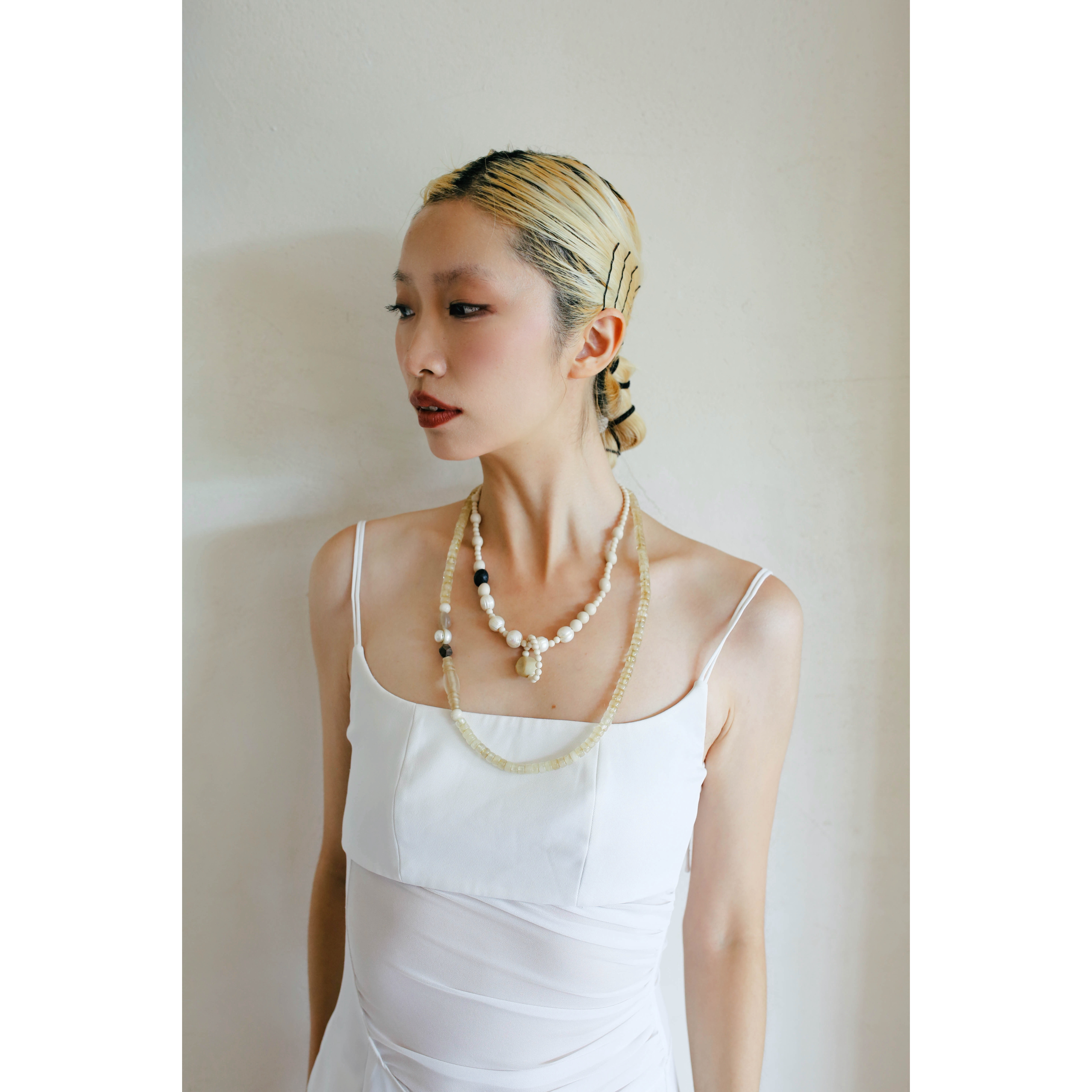 粉引|化石珠珍珠米白项链
