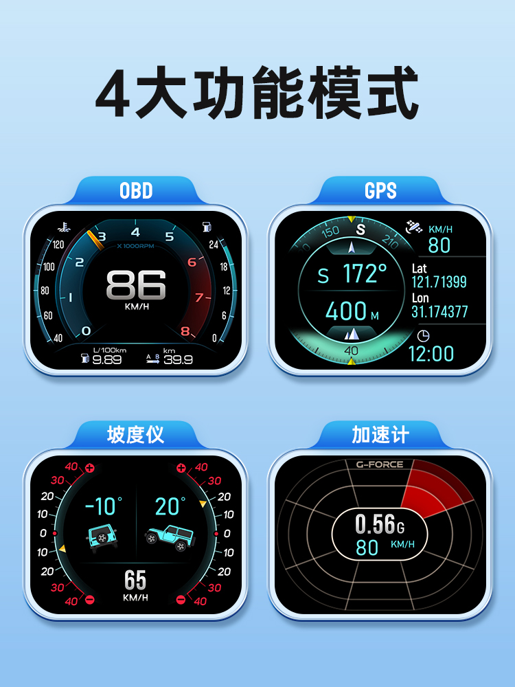 hud抬头显示器高清液晶仪表原车电脑读取obd gps坡度仪加速计A450