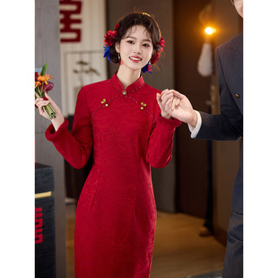 红色旗袍敬酒服新娘冬装订婚裙结婚礼服婚礼回门便装冬天加绒加厚