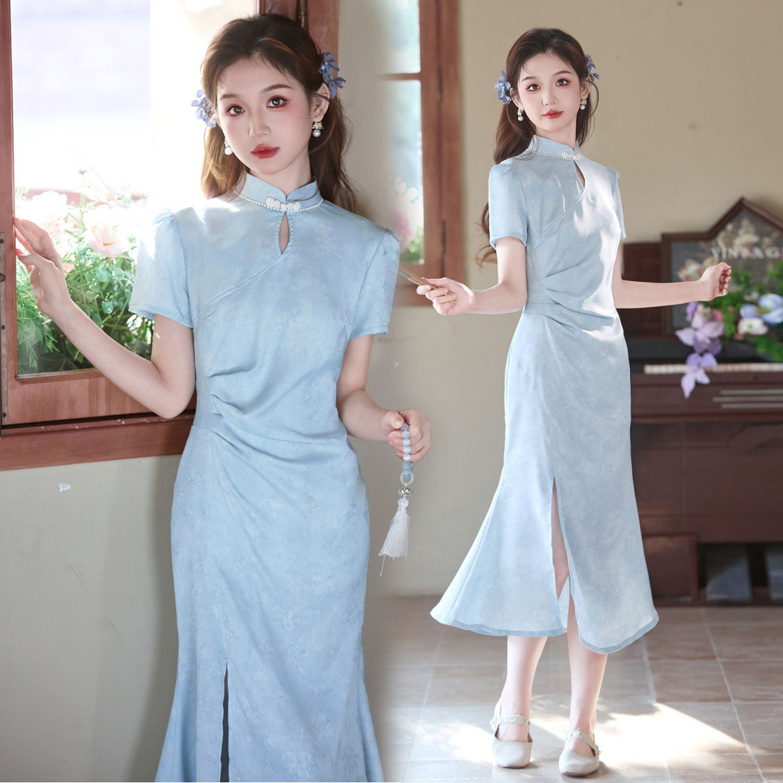 新中式国风年轻款绝美蓝色旗袍水滴领2026夏季日常掐腰鱼尾连衣裙