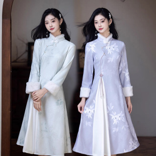 蓝色加绒奥黛旗袍年轻款素雅复古中国风2026冬季新中式日常可穿女
