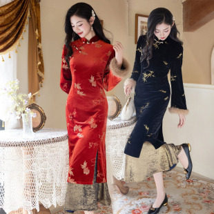 红色好运锦鲤新中式改良旗袍奥黛少女新年服秋冬季长袖丝绒鱼尾裙