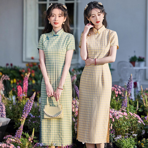 复古文艺棉麻格子旗袍年轻款少女