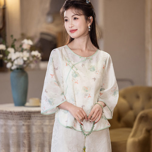 新中式日常唐装圆领旗袍上衣套装