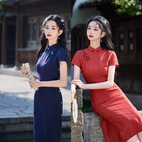 2026春夏新款弹力棉麻条纹旗袍复古典雅文艺风改良现代旗袍裙少女
