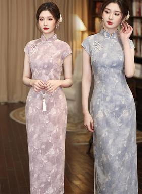 复古风改良旗袍女短袖淡紫色花色长裙气质日常新中式连衣裙上班穿
