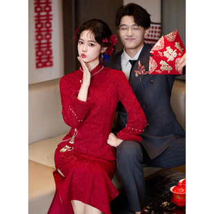红色旗袍敬酒服新娘冬装订婚结婚礼服新中式婚礼回门冬季加绒加厚