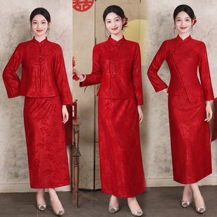 新中式改良红色丝绒旗袍唐装上衣半身裙套装秋冬中国风新娘敬酒服