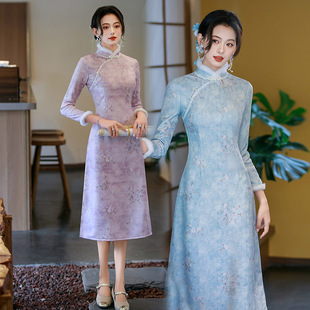 加绒加厚旗袍秋冬装新中式长袖年轻款改良A版连衣裙收腰显瘦大码