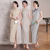 春夏复古文艺棉麻显白日常旗袍女 条纹旗袍2026新款 民国风长款 无袖