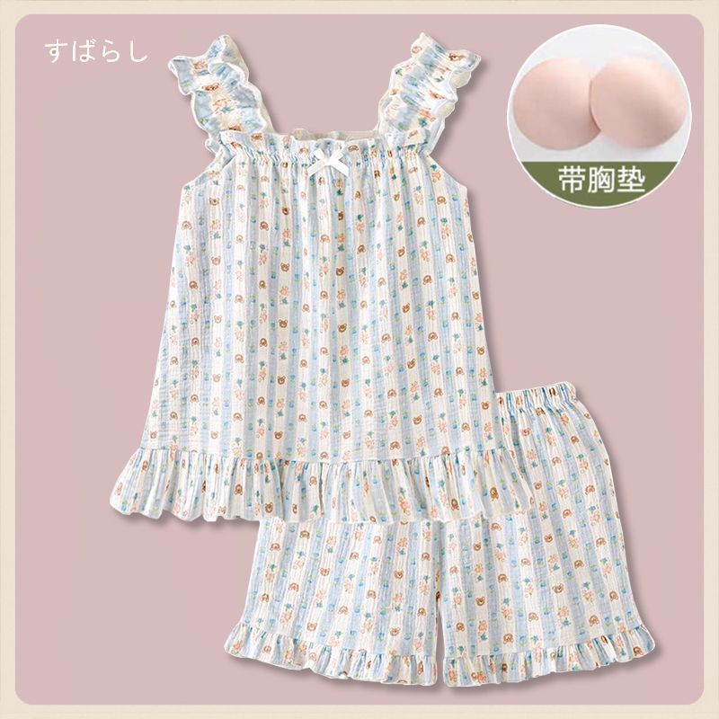 纯棉乳垫透气全棉双层棉学生装棉女睡衣纱布吊带短裤女夏季家居服