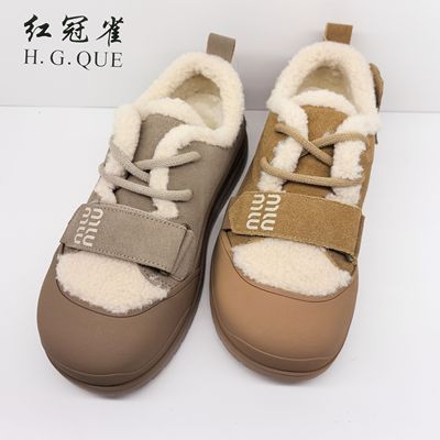 红冠雀女鞋2024冬季新款真皮加绒保暖棉鞋厚底休闲运动板鞋6701