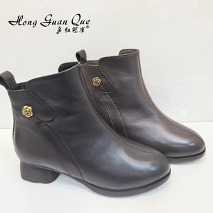 红冠雀女鞋2025冬季新款时尚百搭女短靴粗跟时装靴柔软女短靴3225