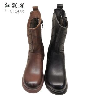 红冠雀女鞋2024冬季新款马丁靴时装靴车缝线中筒靴子女棉鞋9118