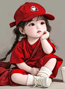 可爱女童萌宝图片儿童房间贴墙防水自粘贴纸贴画装饰画红色卫衣