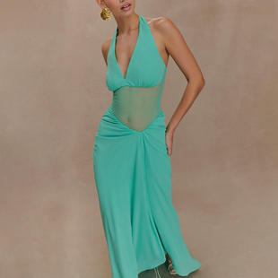 新款 2025夏季欧美风外贸热销挂脖深V性感透视收腰连衣裙女高腰裙