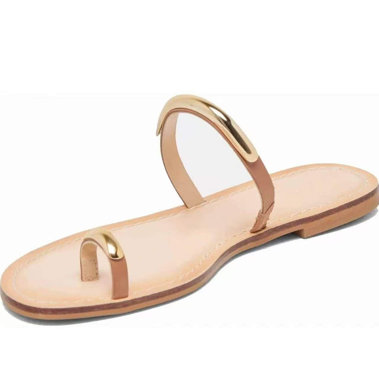 新款外贸女士金属风套趾带舒适圆头平底防滑凉拖鞋时装凉鞋pu,女鞋,时装凉鞋,淘宝优惠券,粉丝福利购,淘宝优惠卷