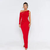 欧美春季 性感花朵纯色连衣裙高腰裙 长裙 优雅斜领修身 单袖