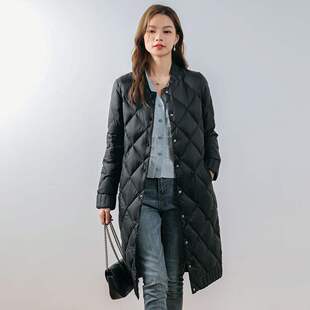 寒冬思羽女式90绒圆领菱形格中长款女装轻薄款羽绒服101-200克