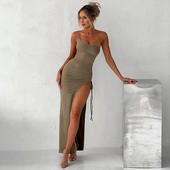 亚马逊wish2025春季 单肩吊带连衣裙性感紧身抽皱高开叉长裙女斜领