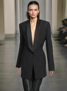 时尚休闲风2025秋季V领褶皱拼接露背高级感小西装KJA509966a纯色