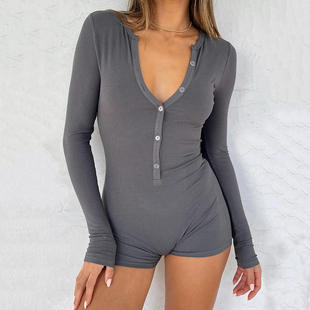 新款亚马逊wish秋冬季长袖单排扣连体裤性感辣妹紧身打底裤短款女