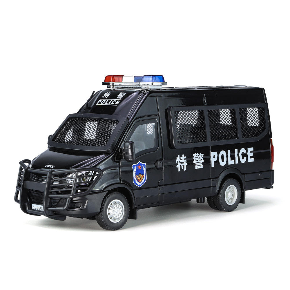 新款 金丽方盒装依维柯警车1/24仿真声光合金汽车模型玩具