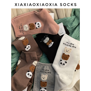 韩国进口女袜植绒棉袜深系风少女可爱熊猫中筒女袜 包邮 满五双