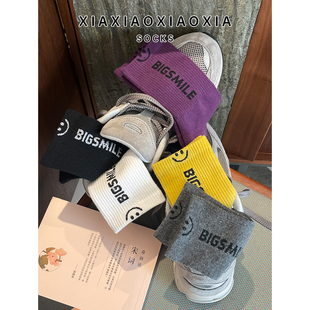 款 韩国进口女袜笑脸字母束腰四季 包邮 中筒棉袜 满五双