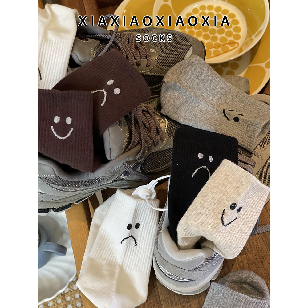 《满五双包邮》韩国进口女袜袜口AB版笑脸纯色束腰中筒棉袜