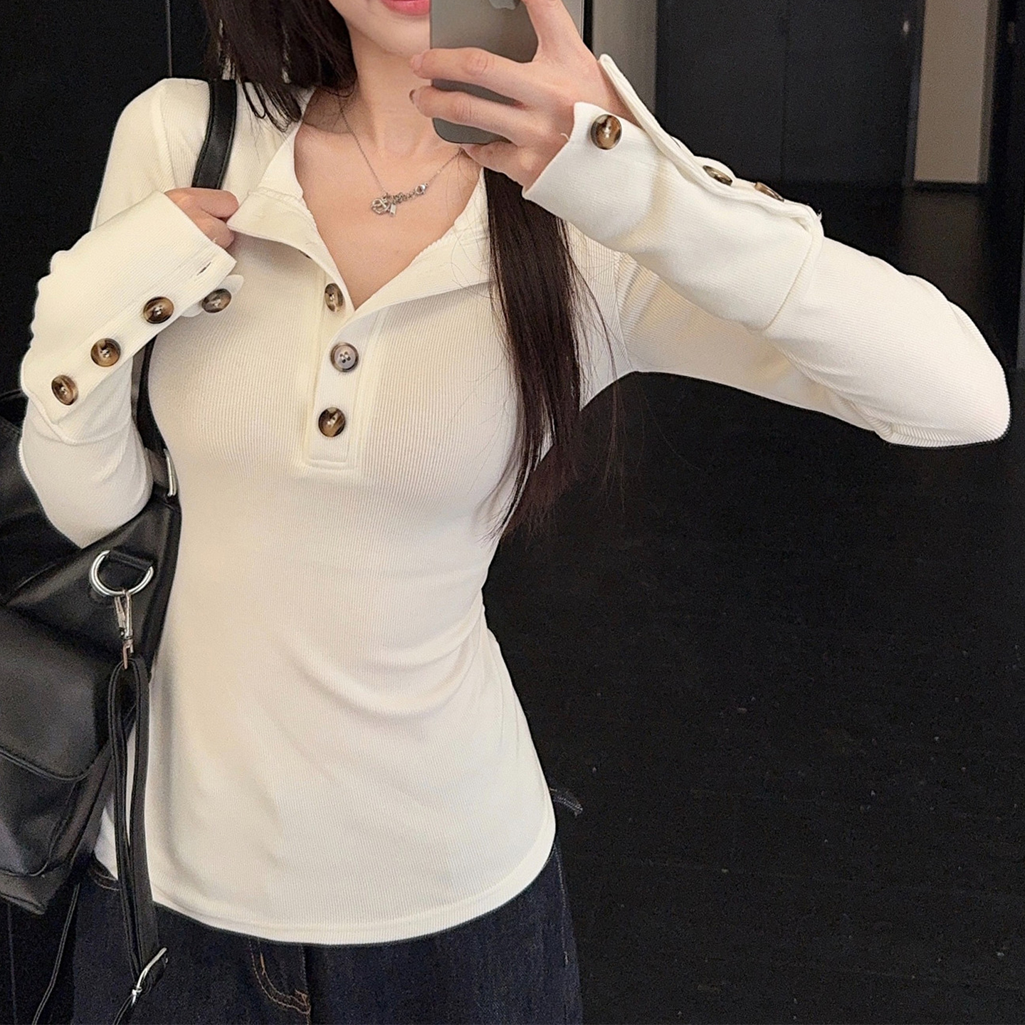 辣妹半开领长袖T恤女打底衫上衣