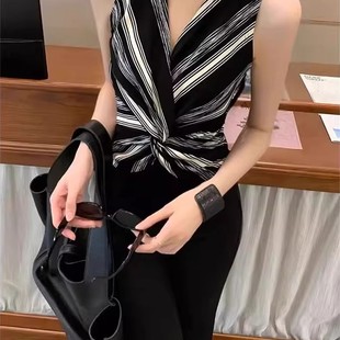 设计感条纹挂脖v领无袖 收腰显瘦扭结吊带背心ins潮 上衣女夏季 新款