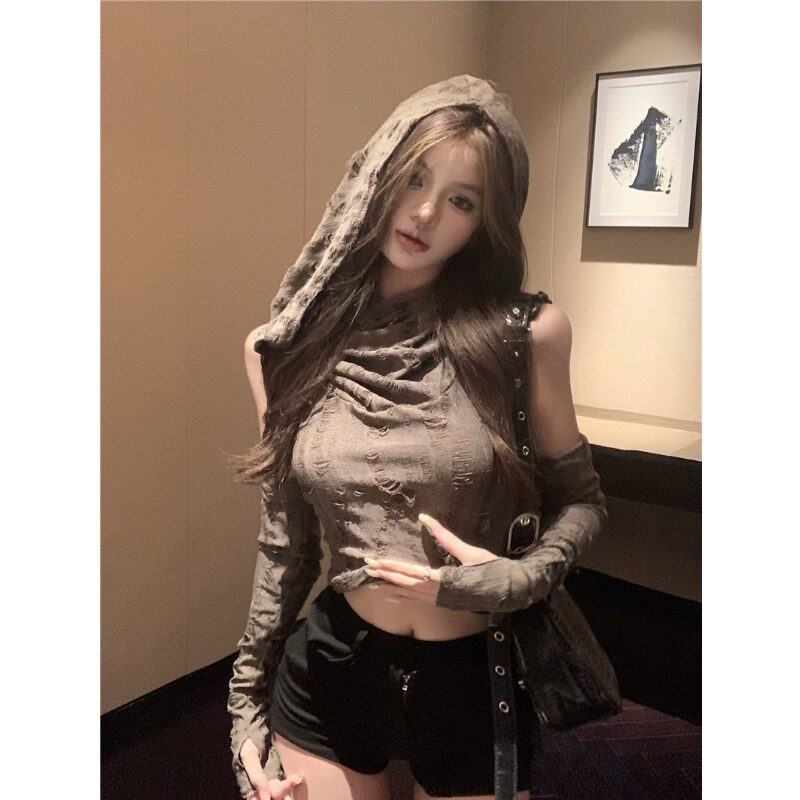 废土风连帽短款袖套T恤女春夏新款美式设计感辣妹破铜背心上衣潮