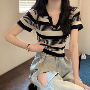 辣妹条纹polo领短袖 微胖妹妹遮肚洋气减龄正肩上衣 T恤女夏季 新款