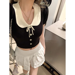 小众法式针织短袖上衣女夏款修身2026新款翻领polo衫时尚上衣ins