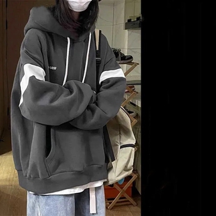 加绒加厚复古拼接连帽抽绳卫衣女秋冬新款 慵懒风BF百搭上衣女 美式