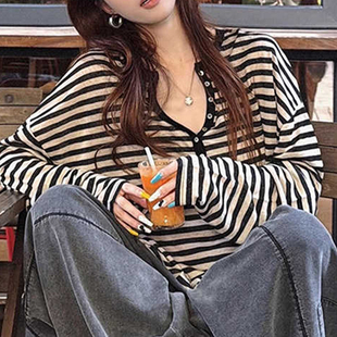 chic空调罩衫 条纹防晒长袖 t恤女外穿宽松显瘦休闲上衣慵懒风秋季