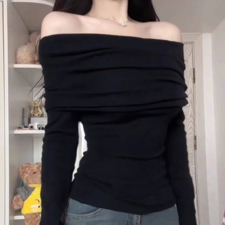 长袖t恤女秋季小众辣妹打底衫设计感纯色露肩别致一字肩上衣isn潮