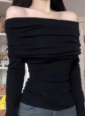 长袖t恤女秋季小众辣妹打底衫设计感纯色露肩别致一字肩上衣isn潮