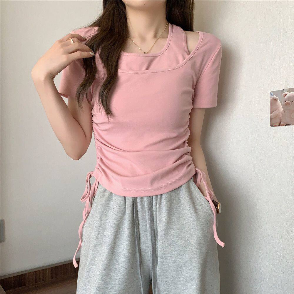 2026韩系纯色抽绳辣妹别致短袖t恤女新款夏季显瘦修身收腰短上衣