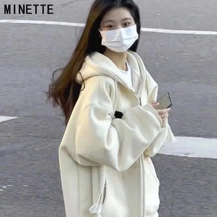 日系奶杏色拉链开衫 卫衣女加绒加厚宽松显白超火ins潮外套 秋冬款