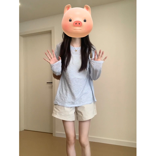 休闲防晒罩衫 薄款 上衣 条纹圆领t恤女春秋慵懒风宽松夏季 蓝色长袖